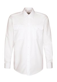Witte langslavige knopshirt met een puntige kraag, voorzien van twee borstzakken en een gladde, frisse textuur.