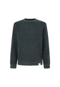 Tmavě šedý pletený svetr s kulatým výstřihem, dlouhými rukávy a malou bílou značkovou štítkem u lemu na bílém pozadí.