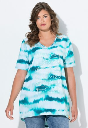 Turquoise and white tie-dye shirt with a V-neck, featuring a fish design in white. Short sleeves and a longer back hem.