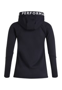 Hoodie i sort stof med en glat tekstur; har hvid "PERFORMANCE" tekst langs kraven og lange ærmer.