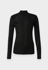 Black turtleneck sweater featuring long sleeves, ribbed texture, lightweight knit material, and a fitted silhouette. No visible logos or patterns.