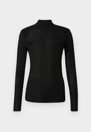 Sweater preto de gola alta com mangas longas, textura canelada, material de malha leve e silhueta ajustada. Sem logótipos ou padrões visíveis.