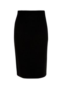 Svart knälång pennkjol i ribbat tyg, med en figurnära design, bred midjeband och slät textur utan mönster eller detaljer.