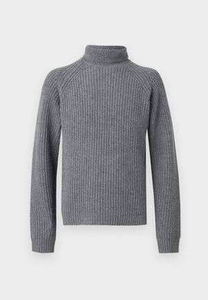 Sivi prsluk s rebrastim uzorkom i visokim okovratnikom, uskog kroja, s dugim rukavima i pripijenim ovratnikom. Izrađen od teksturiranog pletenog materijala.