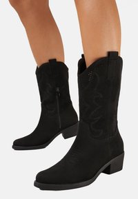 Bottes de cowboy en suede noir avec un talon bloc de hauteur intermédiaire, ornées de coutures décoratives et d'une fermeture éclair sur le côté pour un enfilage facile.
