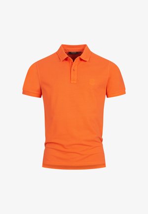Polo shirt in cotone arancione con colletto classico, pattina con due bottoni e maniche corte; presenta un logo discreto sul petto.