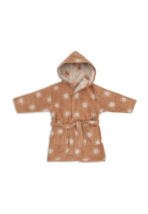 Peignoir à capuche marron pour enfants avec motifs de soleil blancs, poches avant et ceinture nouée sur fond blanc.