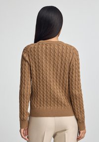 Brun kabelstickad tröja med ribbade mudd och nederkant, med en strukturerad yta. Bakifrån avslöjas designens intrikata mönster.