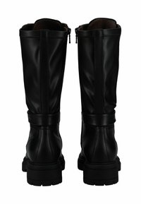 Ein Paar schwarze Lederstiefel bis zur Wade mit klobigen Absätzen, hinten mit Reißverschlüssen und gestickten Details, von hinten betrachtet.