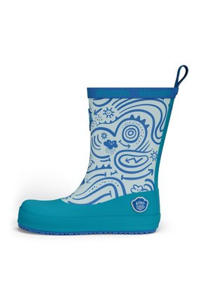 Blauer Gummiregenstiefel mit weißen abstrakten Designs, profilierter Sohle und blauem Logo. Verfügt über eine Lasche zum einfachen An- und Ausziehen.