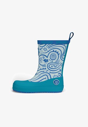 Botte de pluie en caoutchouc bleu avec des motifs abstraits blancs, semelle texturée et marque bleue. Dispose d'une languette pour un enfilage facile.