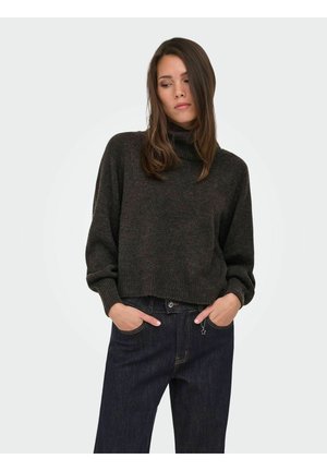 Jeune femme aux longs cheveux raides portant un pull à col roulé foncé et un jean foncé, les mains dans les poches, sur un fond uni.