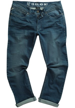 Jeans in denim blu con un fit classico. Presentano una gamba dritta, chiusura con bottone e risvolti. Le zone strappate aggiungono una consistenza sottile.