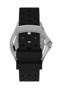 Black silicone strap watch with stainless steel case and a simple, round design. Features include a polished clasp and cutouts on the strap.