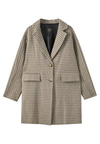 Manteau long à carreaux beige et marron avec deux boutons, col à revers, deux poches avant à rabat et doublure intérieure noire.