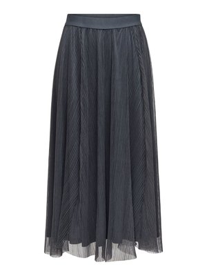Crna plisirana suknja do gležnja s širokim pojasom, izrađena od lagane tkanine s prozirnim slojem i suptilnom teksturom.