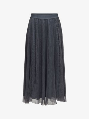 Crna plisirana suknja do gležnja s širokim pojasom, izrađena od lagane tkanine s prozirnim slojem i suptilnom teksturom.