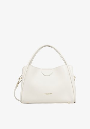 Witte leren Lancaster Paris handtas met gestructureerde vorm, gebogen bovenhandvatten, afneembare schouderriem en goudkleurig logo en beslag.