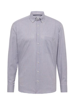 Langærmet skjorte med knapper, med blå og rødt lilleternet mønster, knappet krave og brystlomme.