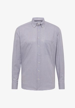 Chemise à manches longues avec motif à petits carreaux bleu et rouge, col boutonné, et poche poitrine.