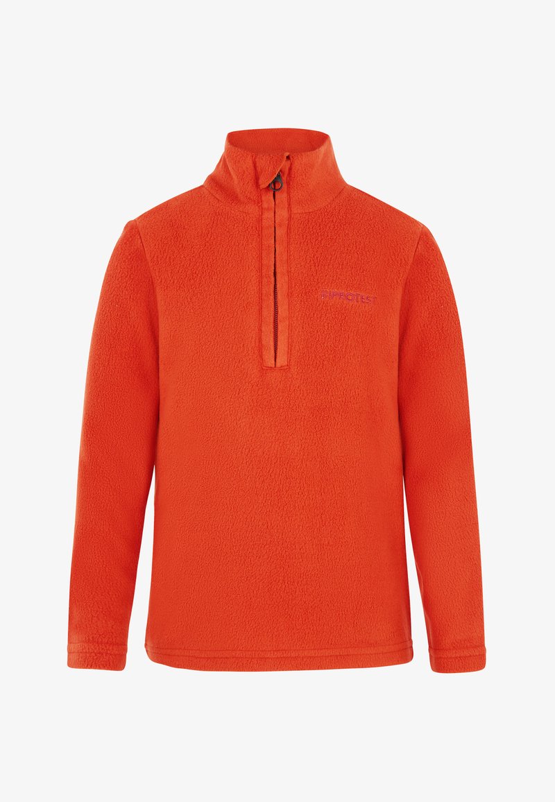 Oranje fleece pullover met een halflange ritskraag, textuur op het oppervlak en een paars logo op de borst. Lange mouwen met afgewerkte manchetten.