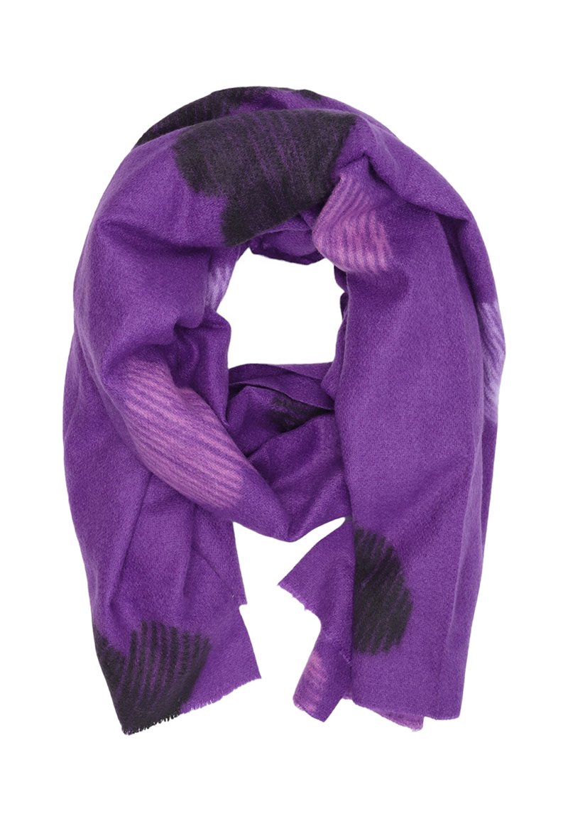 Sciarpa viola con motivi circolari neri e lilla, tessuto morbido, piegata in modo largo.