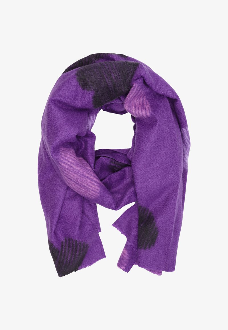 Sciarpa viola con motivi circolari neri e lilla, tessuto morbido, piegata in modo largo.