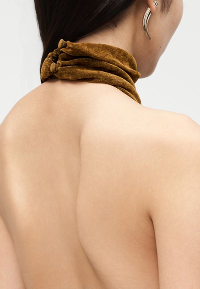 Zgornji del ženske hrbta in vratu s temnimi lasmi, ki so speti z rjavim žametnim gumijastim trakcem, oblečena v zlato uhan na enostavni podlagi.