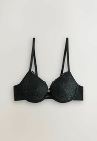 Fekete melltartó csipke borítással, virágmintával, párnázott kosarakkal és állítható pántokkal. Simas fabric az oldalán és kapcsos záródás.