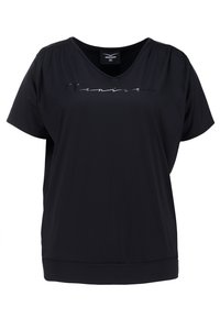 Black short-sleeve t-shirt with a v-neck, made of smooth fabric. Features "Venire" printed in a glossy script across the chest.