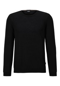 Schwarzer Langarmpullover aus einem weichen Strickstoff. Mit Rundhalsausschnitt und gerippten Bündchen, sowie einem dezenten Logotag am Saum.