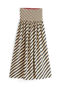 Stripet skjørt i beige med marineblå skrålinjer, med en smocket midje og rynkede folder for en fyldig silhuett.