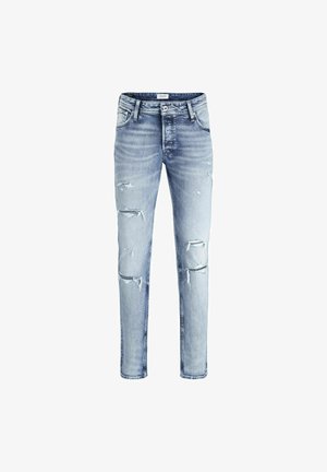 Light blue denim jeans with distressed details and rips on the front. Fitted design, five pockets, and a standard button closure at the waist.