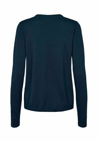 Tumši zils garroku tops, izgatavots no mīksta, gluda auduma. Tam ir apaļa kakla izgriezuma apkakle un pieguļošs siluets, ar apakšu, kas stiepjas līdz gurniem.