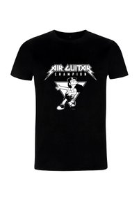 Czarny bawełniany T-shirt z białym nadrukiem przedstawiającym postać grającą na powietrznej gitarze, z napisem "AIR GUITAR CHAMPION" nad nią.