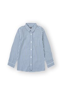 Camisa de manga larga a cuadros azul y blanca con cuello abotonado, botones frontales y un bolsillo en el pecho. Tejido de algodón con un patrón a cuadros.