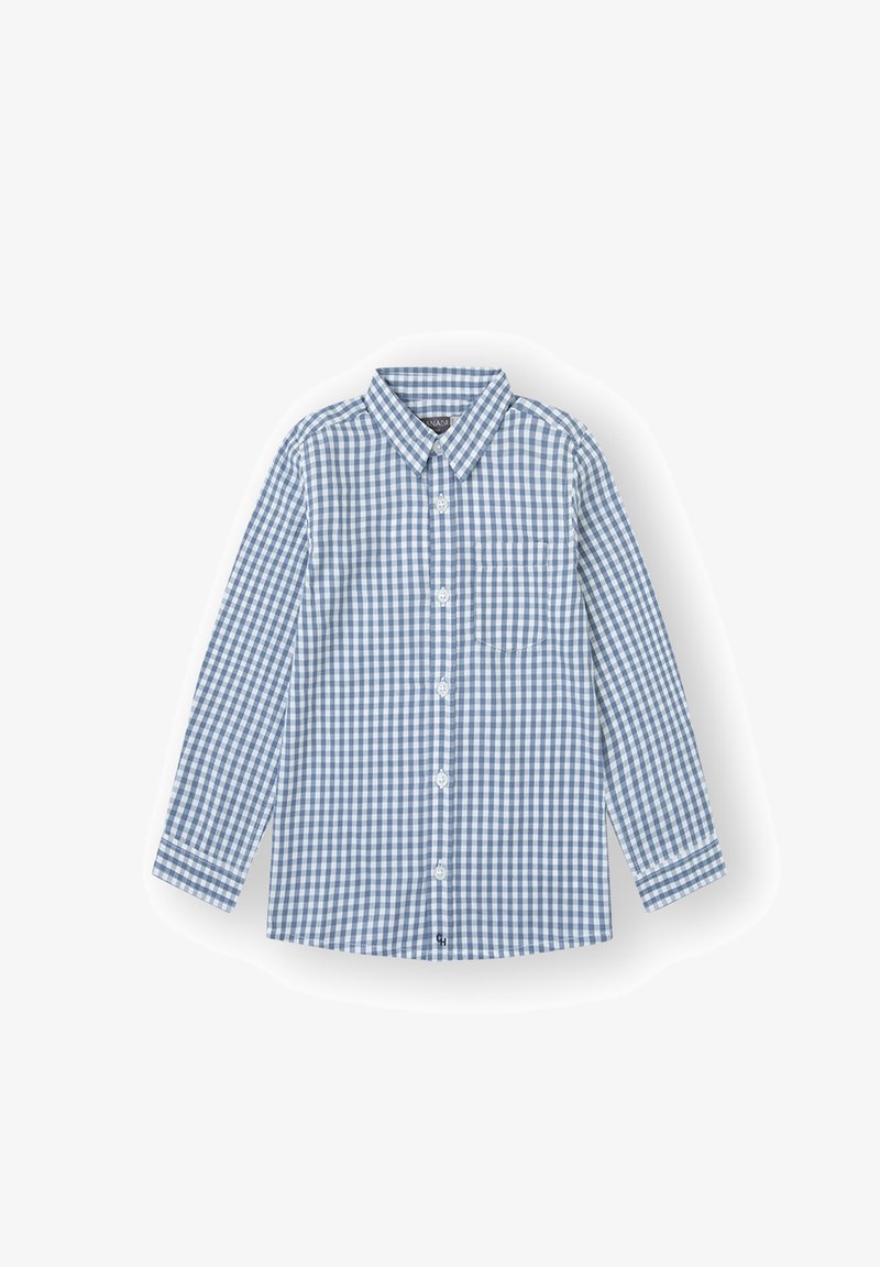 Camisa de manga larga a cuadros azul y blanca con cuello abotonado, botones frontales y un bolsillo en el pecho. Tejido de algodón con un patrón a cuadros.