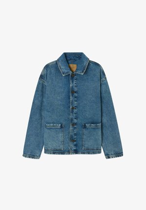Denim jacket in light blue, featuring a button front, collar, and two front pockets. Distressed texture and contrast stitching detail.