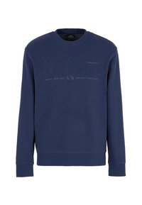 Felpa blu navy con collo a giro, con ricamo del logo "ARMANI EXCHANGE" sulla parte anteriore, realizzata in morbido cotone.