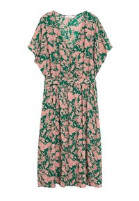 Vestido verde con patrón floral en rosa, escote en V, mangas cortas y cintura ceñida con cinturón. Hecho de una tela ligera. Forma fluida.