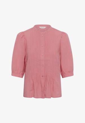 Rózsaszín blúz hímzett elülső résszel, kerek nyakkal, gombos lezárással, és könyékig érő, fodros, mandzsettás ujjakkal.