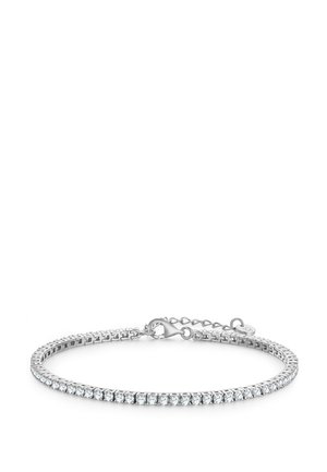 Zilveren tennisarmband met rond geslepen heldere edelstenen en een karabijnsluiting met verstelbare ketting.