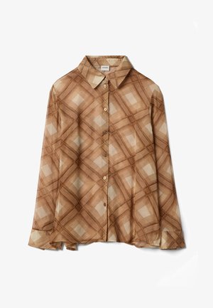 Sheer, brown-patterned blouse with a classic collar, long sleeves, and button front. Features a geometric design in warm tones.