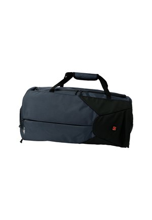 Rectangular dark blue and black duffel bag with top handles, front zippered pocket, and a small red logo on the side panel.
