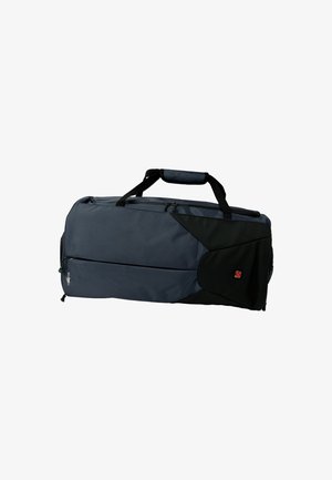 Rectangular dark blue and black duffel bag with top handles, front zippered pocket, and a small red logo on the side panel.