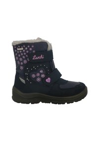 Botín de tobillo azul oscuro hecho de material sintético con forro de pelo, correas de velcro, patrones de copos de nieve y rhinestones decorativos.