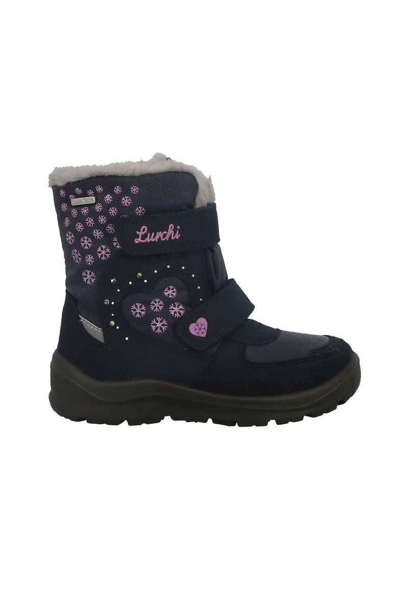 Botín de tobillo azul oscuro hecho de material sintético con forro de pelo, correas de velcro, patrones de copos de nieve y rhinestones decorativos.