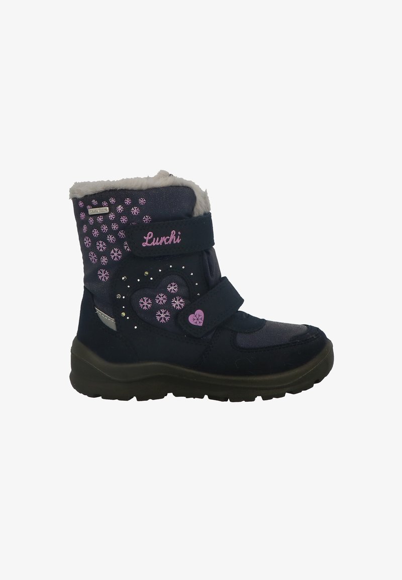 Stivale alla caviglia blu scuro realizzato in materiale sintetico confodera in pelliccia, cinghie con velcro, motivi a fiocco di neve e strass decorativi.