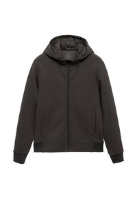Chaqueta con capucha y cremallera en tela gris oscuro. Cuenta con bolsillos laterales, puños elásticos y una textura suave. Ligera con un ajuste relajado.