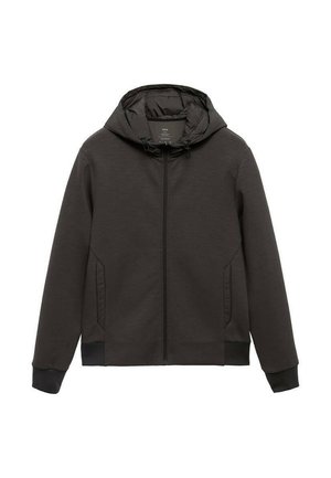 Chaqueta con capucha y cremallera en tela gris oscuro. Cuenta con bolsillos laterales, puños elásticos y una textura suave. Ligera con un ajuste relajado.